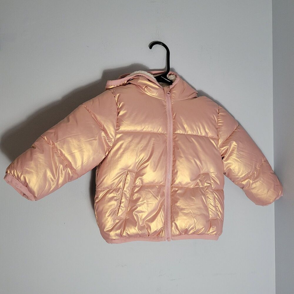 SwissTech Puffer Jacket Toddler Rose Gold Metallic Sherpa Lined Hood Size 18mo